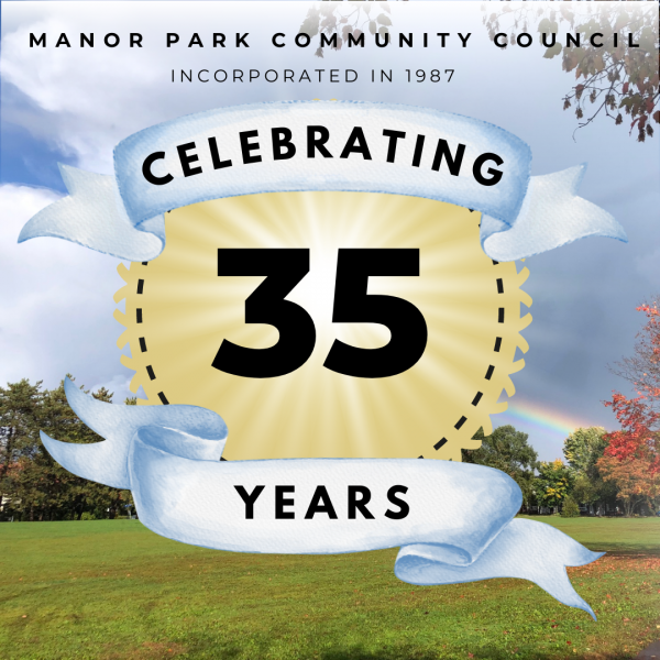 Illustration celebrating 35th anniversary of incorporation of Manor Park Community Council. Incorporated in 1987.