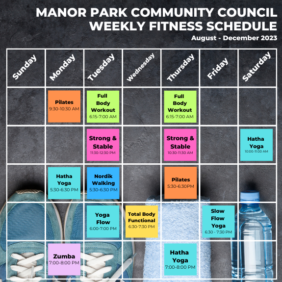 Weekly fitness schedule for August to December 2024.